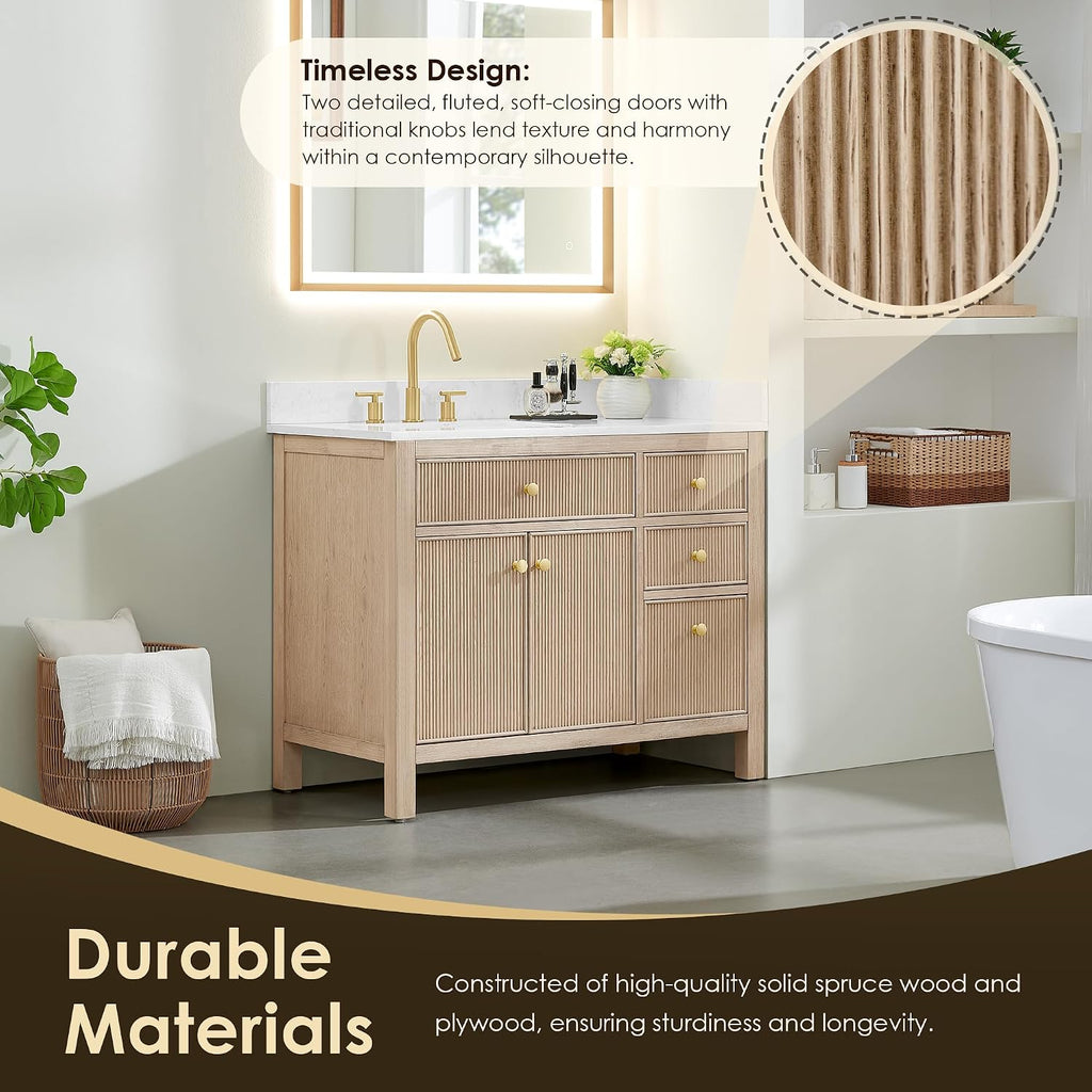 Cerrito 42' Wood Vanity in Natural Oak Grain Engineered Stone Top no Mirror