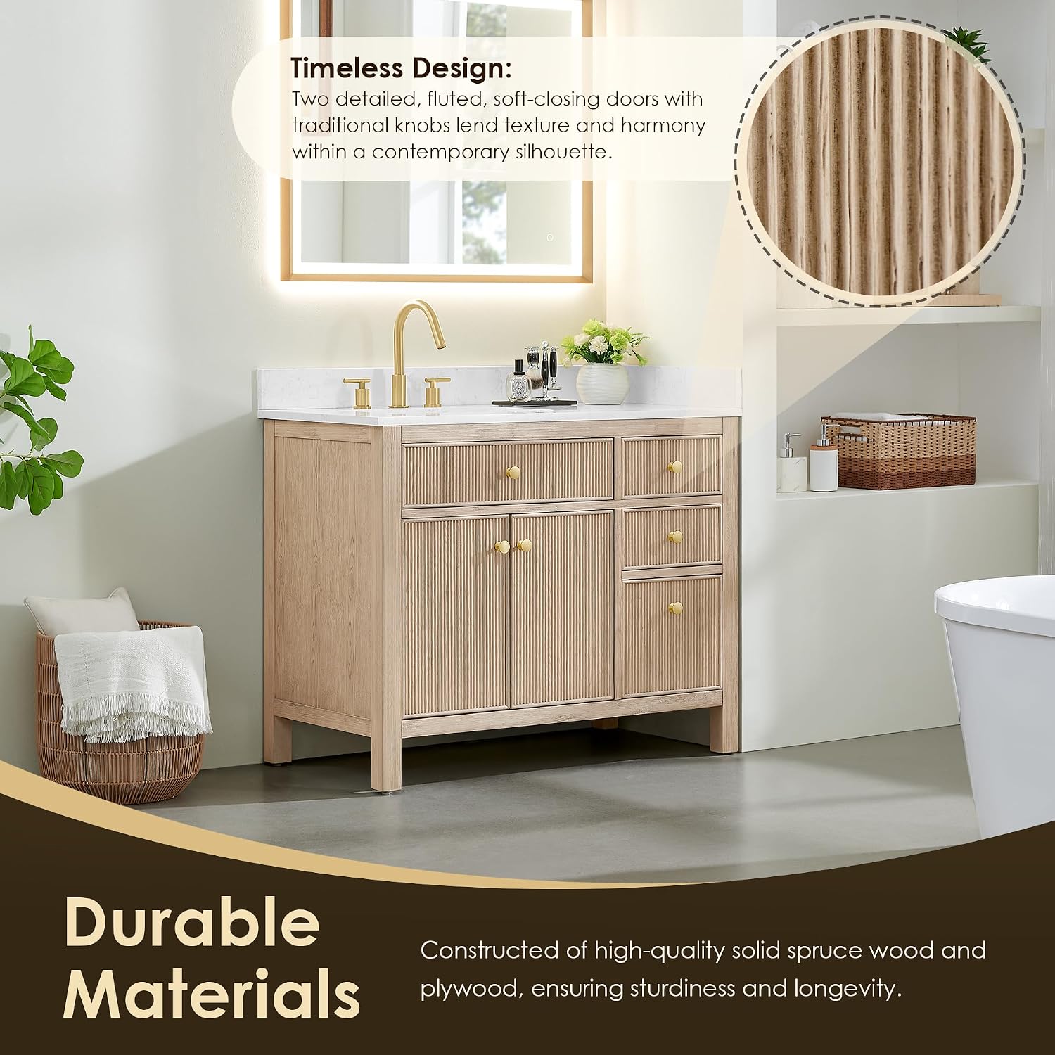 Cerrito 42' Wood Vanity in Natural Oak Grain Engineered Stone Top no Mirror