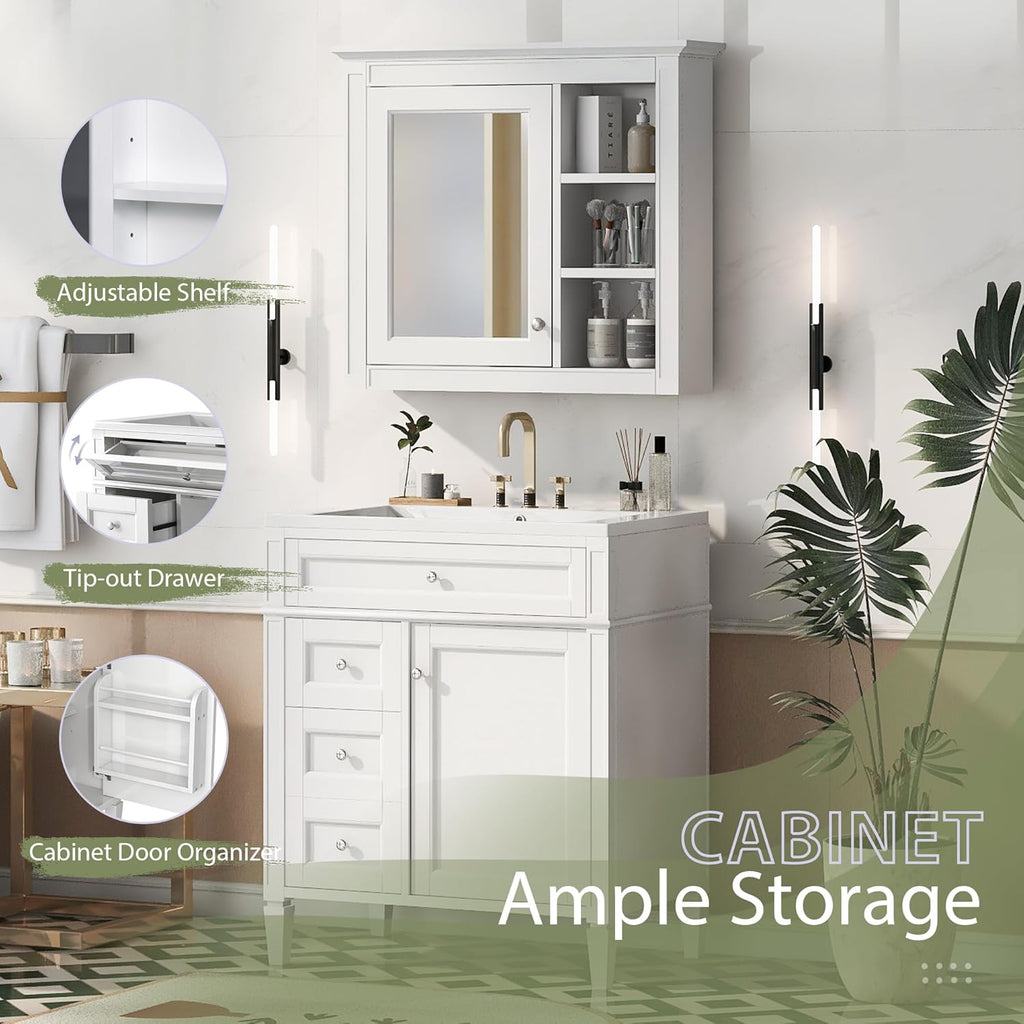 Merax 30' Bathroom Sink Vanity with Matching Medicine Cabinet Combo, Modern Bathroom Storage Cabinet, Solid Wood Frame, Painted Finish