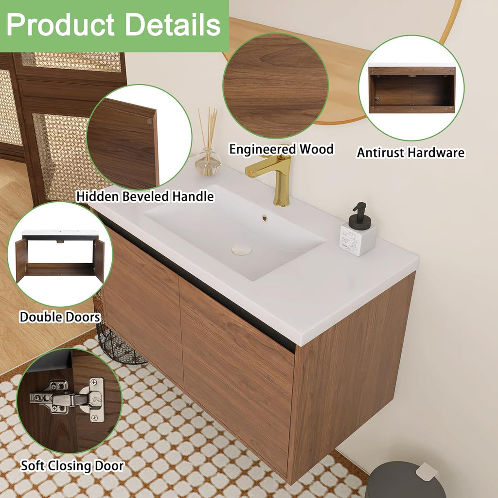 36 inch Bathroom Vanity with Sink, Wall-Mounted Floating Vanity with 2 Soft-Close Doors, Easy Assembly, Engineered Wood in Elegant Brown, Modern Style for Bathroom