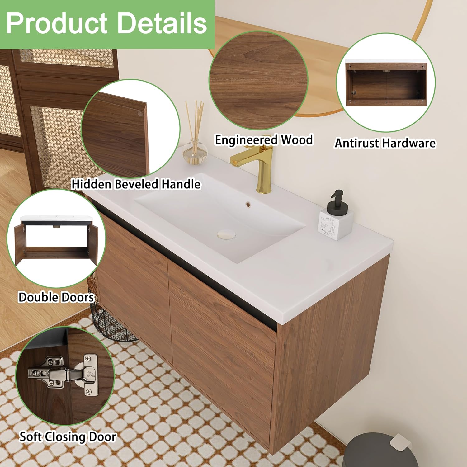 36 inch Bathroom Vanity with Sink, Wall-Mounted Floating Vanity with 2 Soft-Close Doors, Easy Assembly, Engineered Wood in Elegant Brown, Modern Style for Bathroom