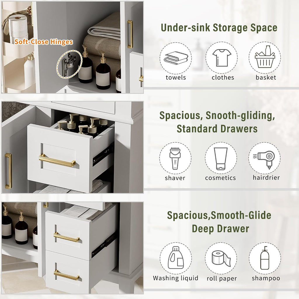 Harper & Bright Designs 30' Bathroom Vanity with Sink, Free Standing Single Basin Vanity Set with 2 Drawers, and Soft-Close Doors, Wood Bathroom Cabinet with Ceramic Basin for Bathroom, White