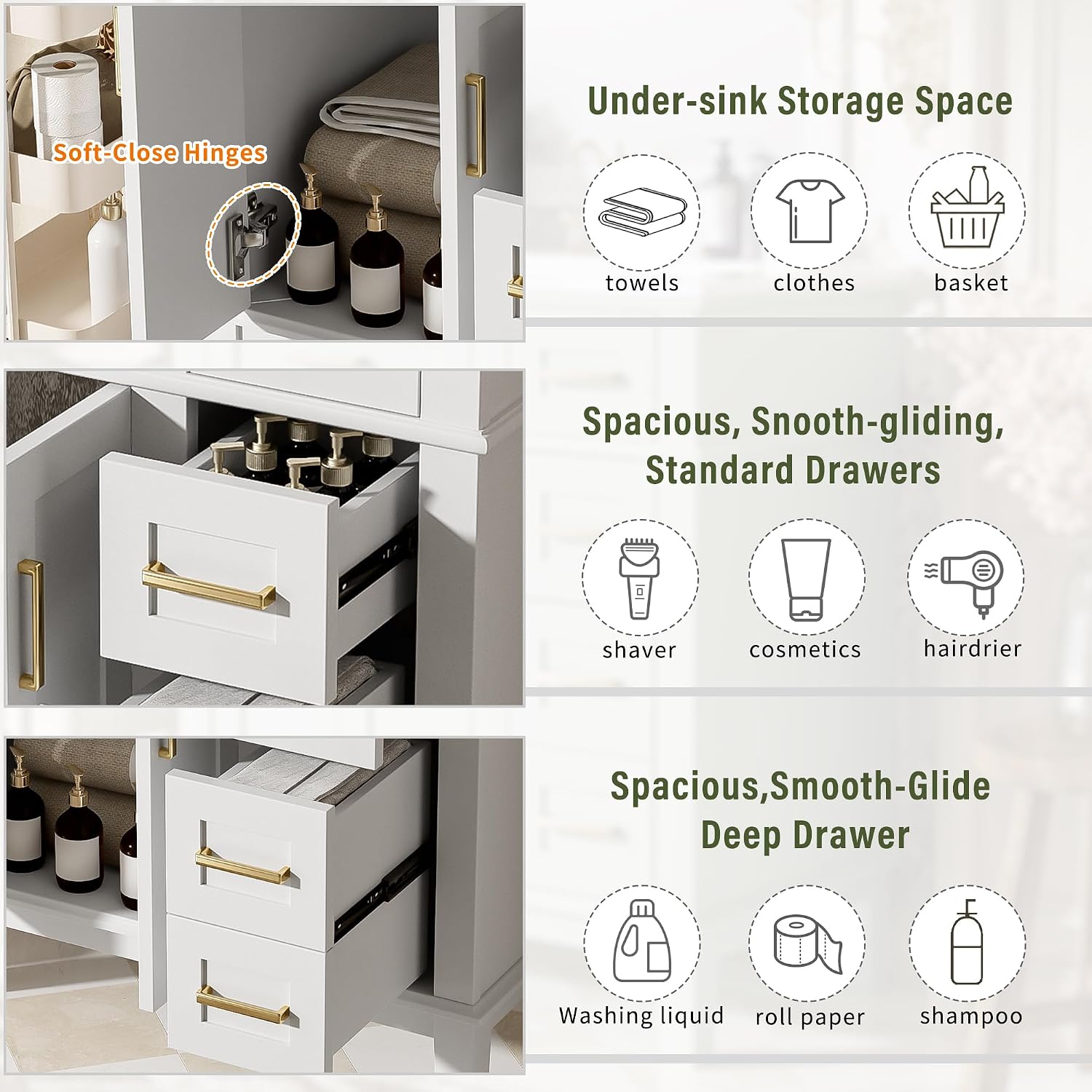 Harper & Bright Designs 30' Bathroom Vanity with Sink, Free Standing Single Basin Vanity Set with 2 Drawers, and Soft-Close Doors, Wood Bathroom Cabinet with Ceramic Basin for Bathroom, White