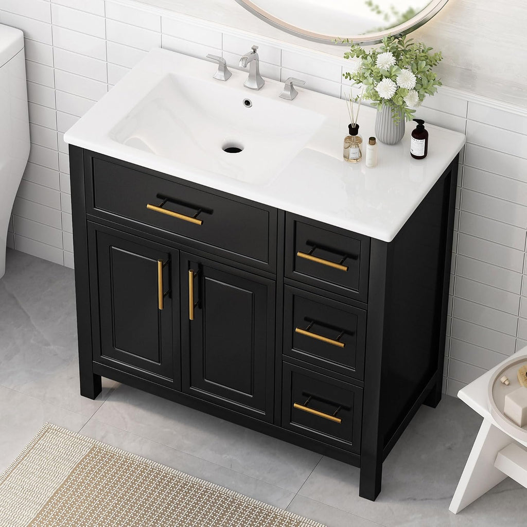 Favfurish 36' Bathroom Vanity with Sink Top and 2 Doors,Water-Resistant Wood Cabinet Vanities w/ 3 Drawers & Chrome-Finish Overflow,Pre-driled Three Faucet Holes,Multi-Functional Storger Space,Black