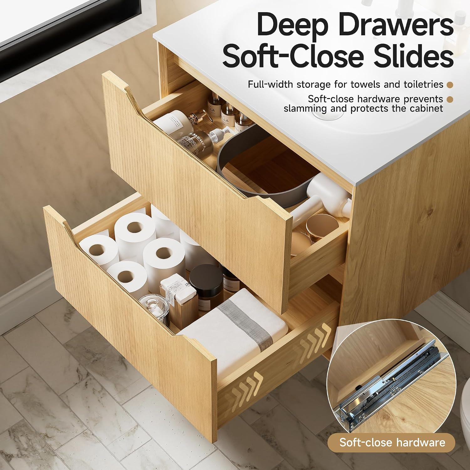 32' Japandi Floating Bathroom Vanity with Sink, Pre-Assembled Natural Oak Multi-Layer Solid Wood Bathroom Sink Vanity, Wall Mounted with Integrated Stone Top and 2 Soft Close Drawers