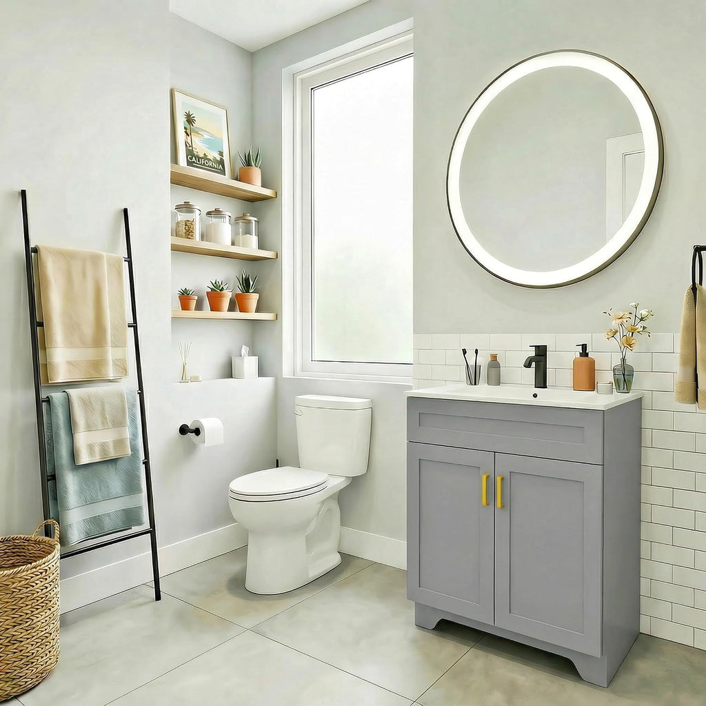24 Inch Bathroom Vanity with Ceramic Basin and Countertop, Modern Bathroom Vanity with Sink, Narrow Design for Small Bathroom (Grey)