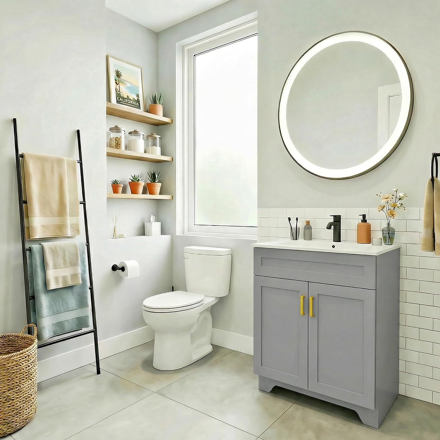 24 Inch Bathroom Vanity with Ceramic Basin and Countertop, Modern Bathroom Vanity with Sink, Narrow Design for Small Bathroom (Grey)