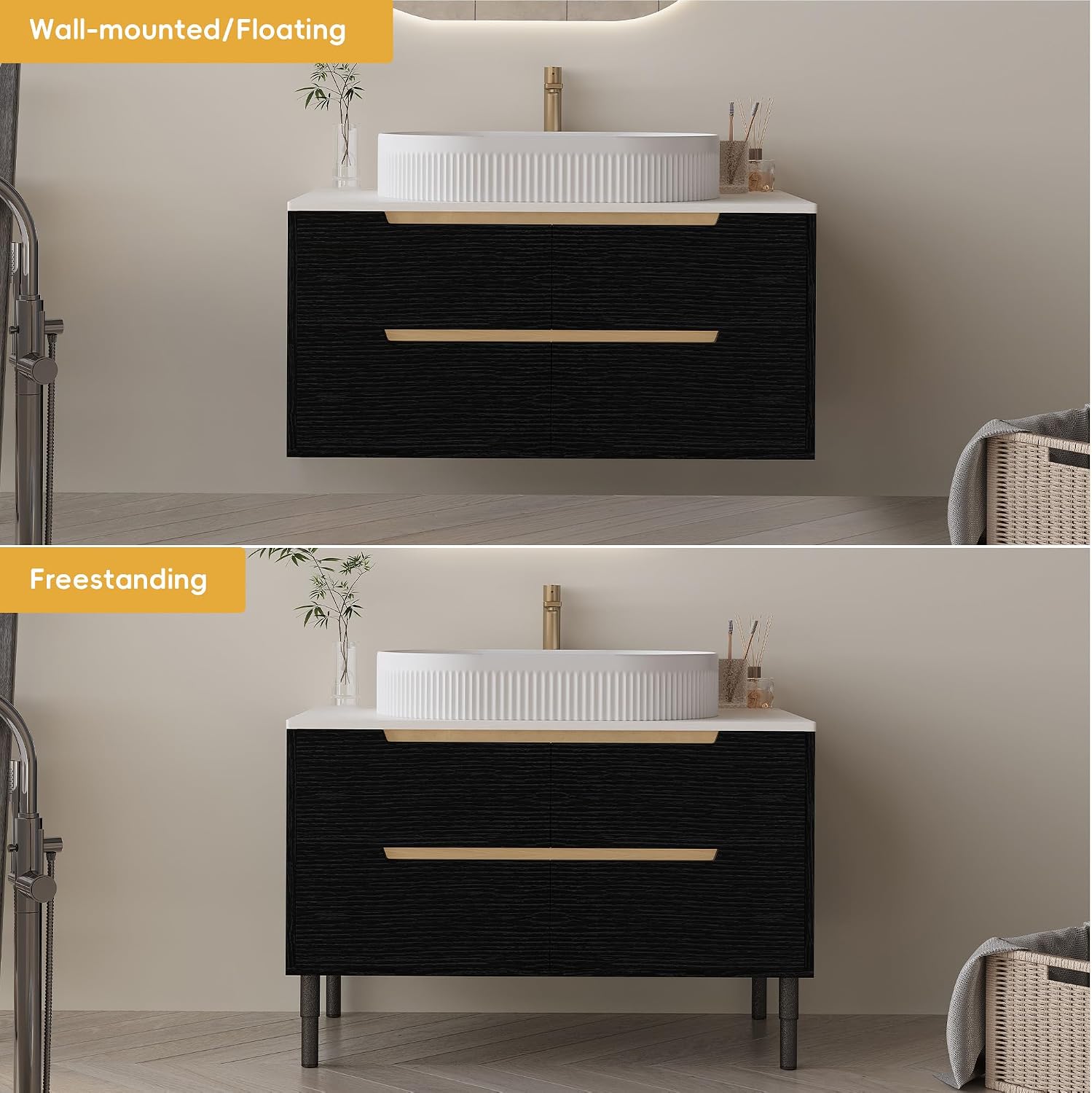36' Bathroom Vanity with Above Oval Sink Set, Modern Black 2-in-1 Wall Mounted & Freestanding Bathroom Vanity Cabinet with Sintered Stone top&4 Storage Drawers, Bathroom Single Sink Cabinet