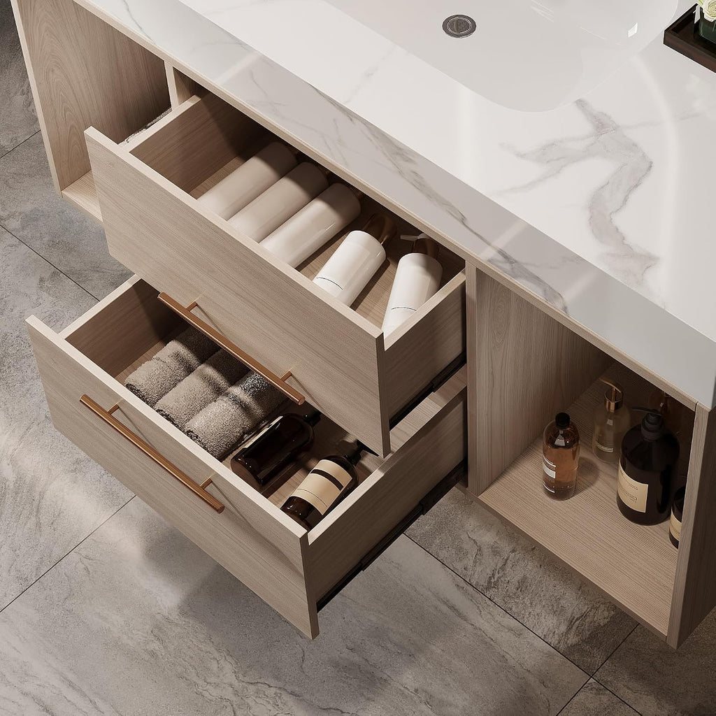 40' Bathroom Vanity with Sink Set, Modern Oak Wall Mounted Bathroom Vanity Cabinet with Sintered Stone Top&Gold Handle 2 Drawers&2 Open Storage, Single Sink Floating Bathroom Vanity