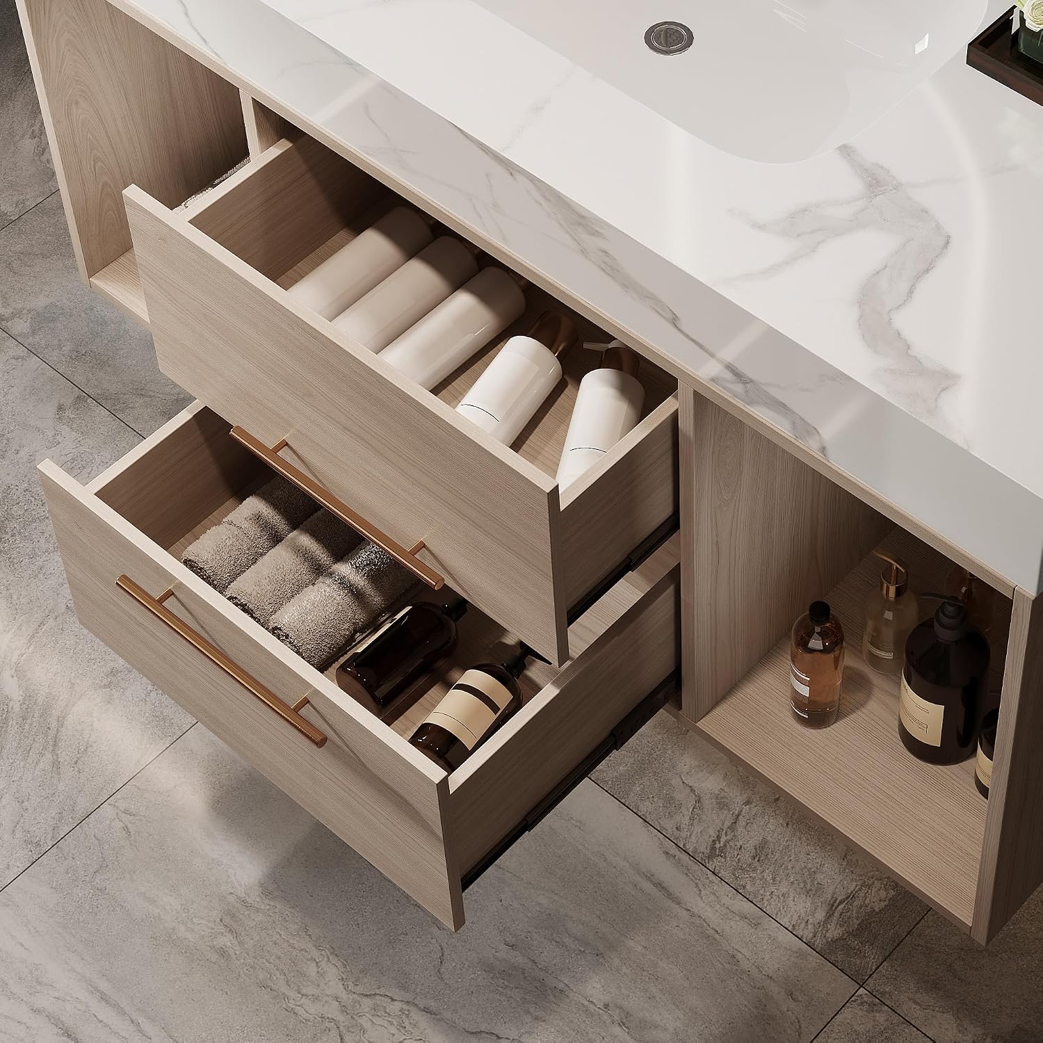 40 inch Bathroom Vanity with Ceramic Sink and Sinter Stone Marble Counter Top Modern Wall Mounted Floating Bathroom Sink Cabinet with 2 Drawers&2 Open Shelves&Gold Metal Handle,Oak