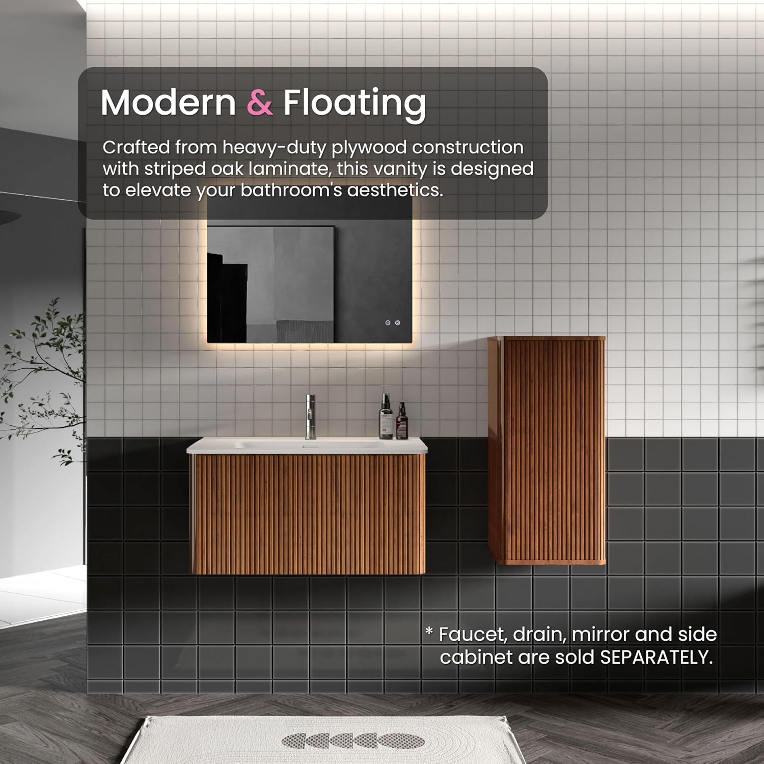30' Bathroom Vanity with Sink, Modern Floating Vanity with Push Open Soft Close Drawer, Large Storage for Small Space, Walnut, Fully Assembled - Camellia Collection