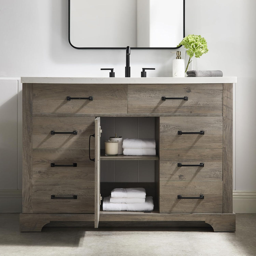 Mia Brown Grey Oak Wood 48-Inch Single Bathroom Vanity with Sink, Shaker Door Cabinet with Shelf, Drawers, Matte Black Handles, Pre-Drilled Marbled White Stone Top, Freestanding, Fully Assembled