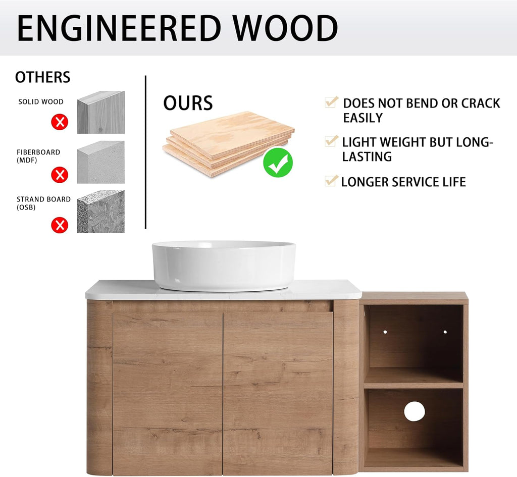 42' Bathroom Vanity with Sink, 42 Inch Floating Vanity with Ceramic Sink, Single Sink Wall Mounted Vanity Combo, Modern Brown Bathroom Vanity Set with 2 Soft Close Door and 1 Storage Shelf