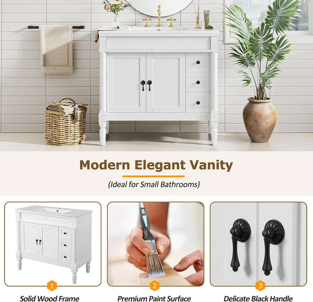 Favfurish 36' Bathroom Vanity with Ceramic Sink,Freestanding Bath Cabinet w/Soft Closing Doors,Adjustable Shelves,Modern Storage Vanity Cabinet for Smaill and Medium Bathrooms,White