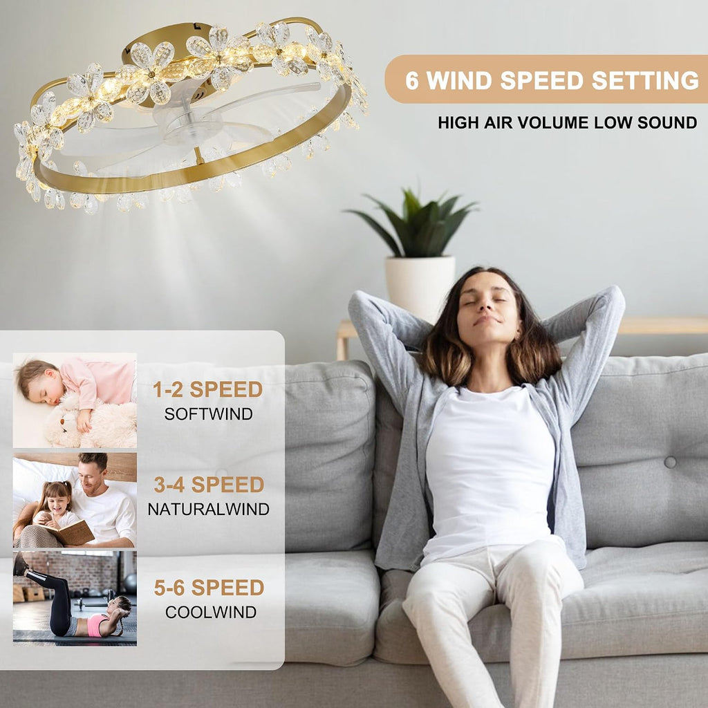 22'' Gold Crystal Ceiling Fan with Lights and Remote Control,Dimmable LED and Reversible Motor,Crystal Flower Fandelier Ceiling Fan with Light for Kids Room/Daughter's Room/Girls Bedroom
