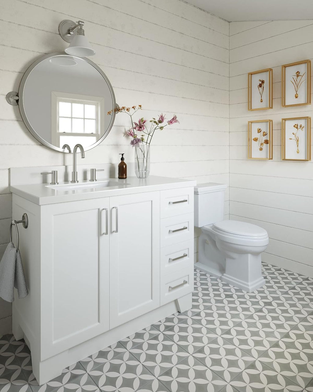 ARIEL Taylor 42-inch Bathroom Vanity with Sink,Solid Wood, 1.5-inch Pure White Quartz Countertop & Backsplash, Single Oval Porcelain Sink, 2 Soft Closing Doors, 5 Dovetail Drawers, White