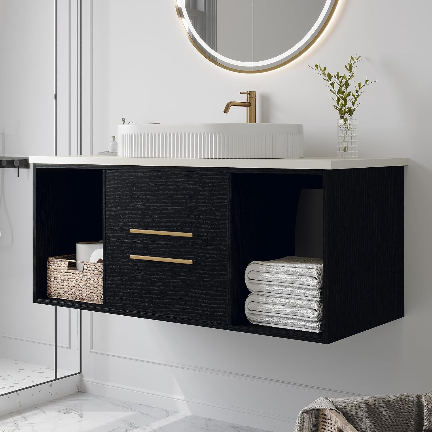 40' Floating Bathroom Vanities with Oval Ceramic Sink, Wall Mounted Bathroom Vanity Storage Cabinet with 2 Drawers and 2 Storage Spaces, Modern Bathroom Sink Cabinet with Gold Metal Handles,Black