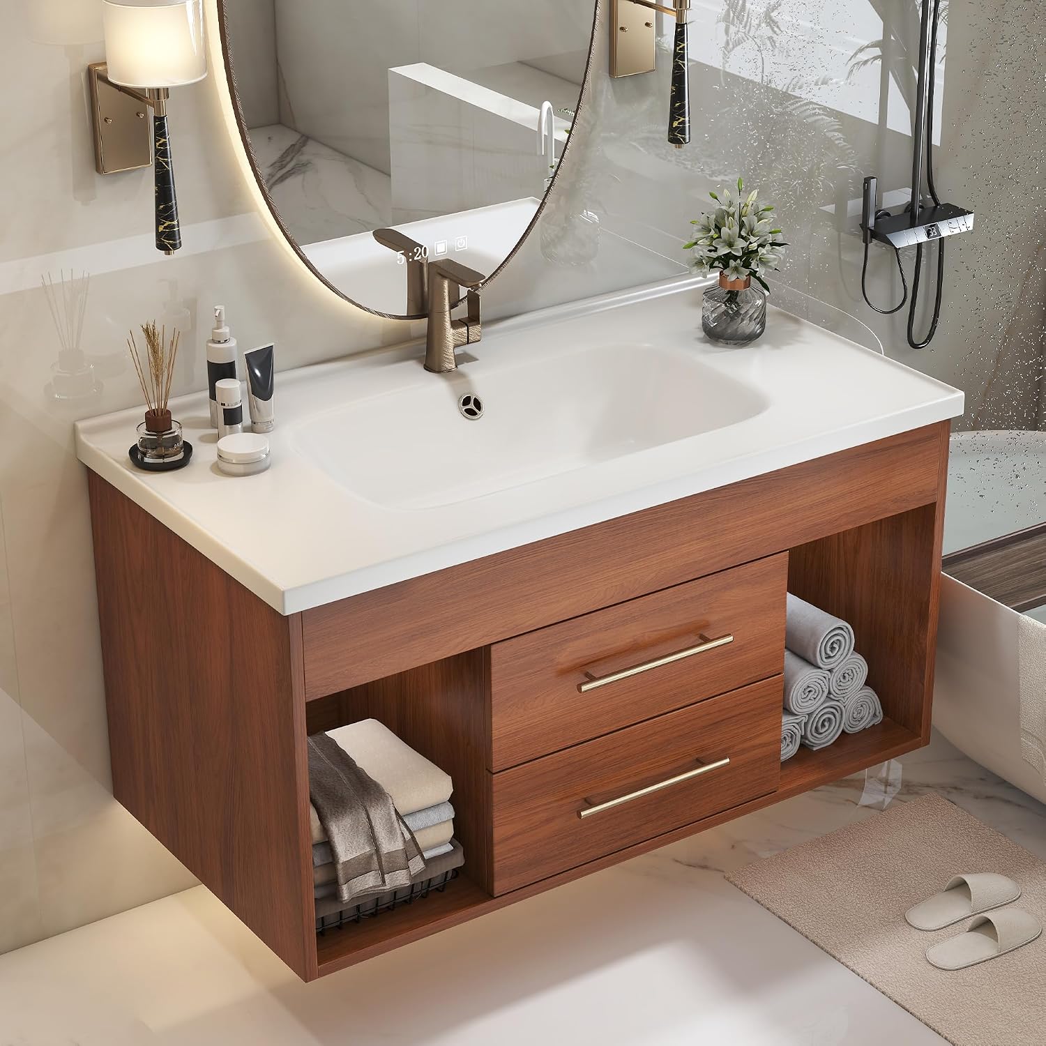 36' Floating Bathroom Vanity with Single Sink, Modern Wall Mounted Bathroom Vanities with Ceramic Basin, Wood Bathroom Vanity Cabinet with 2 Drawers and 2 Open Cabinets, Walnut