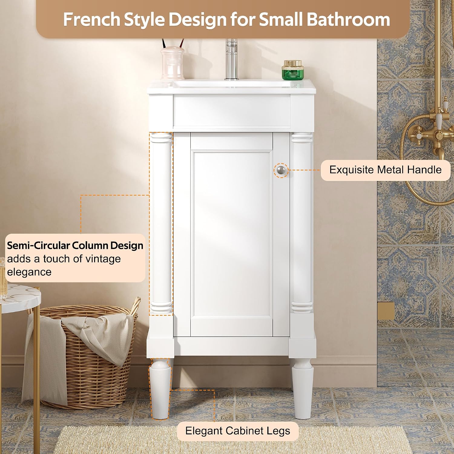 VilroCaz Modern 18'' Bathroom Vanity with Top Sink, Freestanding Bathroom Storage Cabinet with Door and Adjustable Shelf, Single Sink Cabinet with Nordic Style Legs (White-Right-Open)