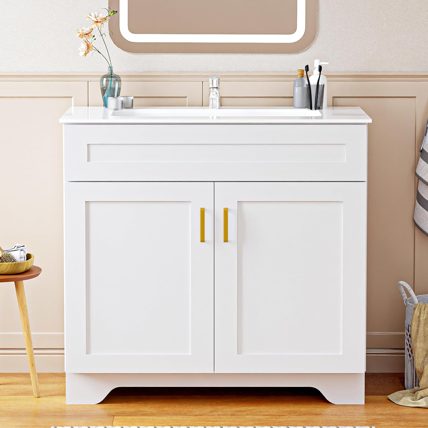 36 Inch Bathroom Vanity with Ceramic Sink - Modern Farmhouse Style Sink Cabinet, Easy Tool-Free Installation, for Bathroom Remodel and Upgrade (White)