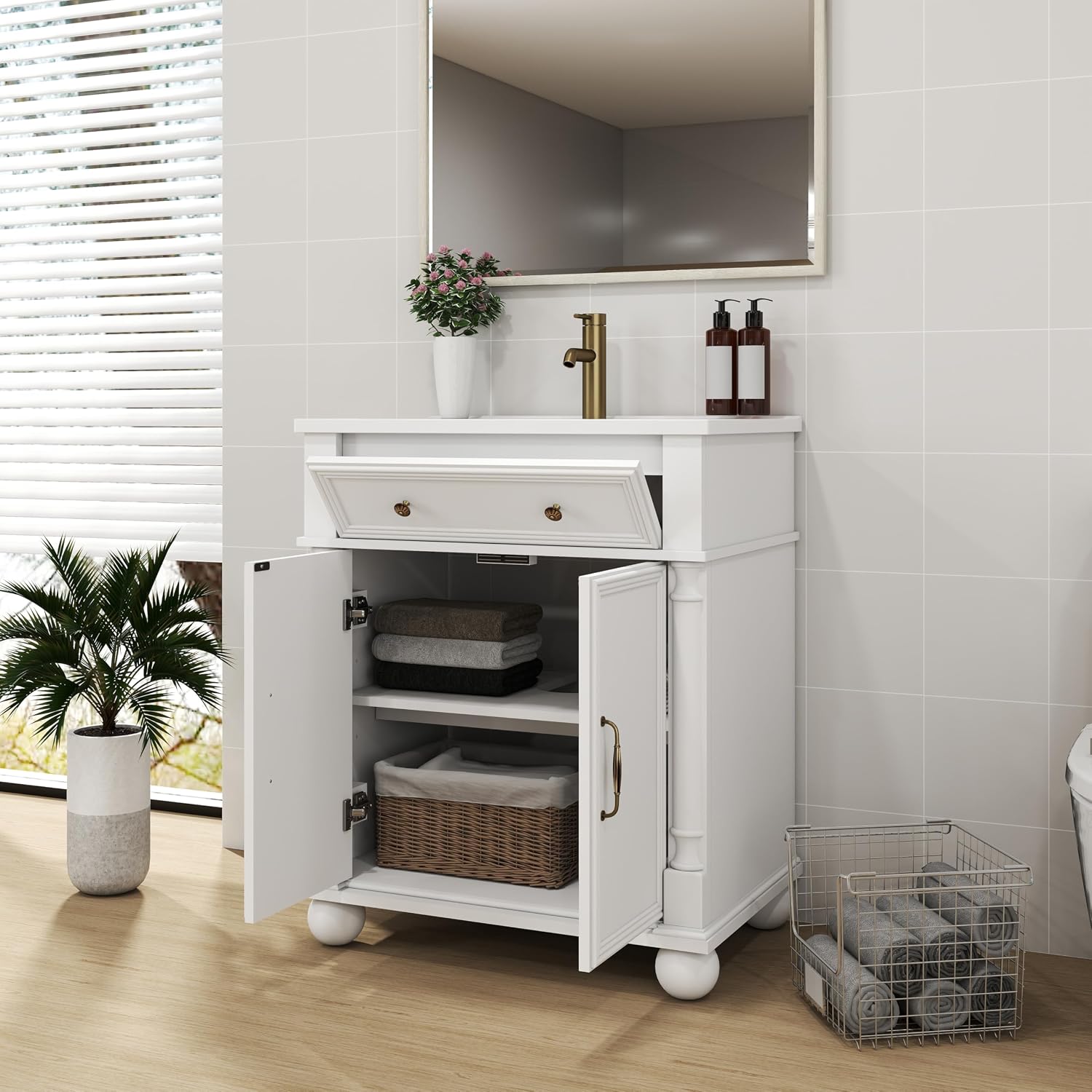 28 Inch Mid-Century Bathroom Vanity with Sink, Green Solid Wood Frame with Roman Column Base, Freestanding Cabinet with Metal Handles and Storage (White)