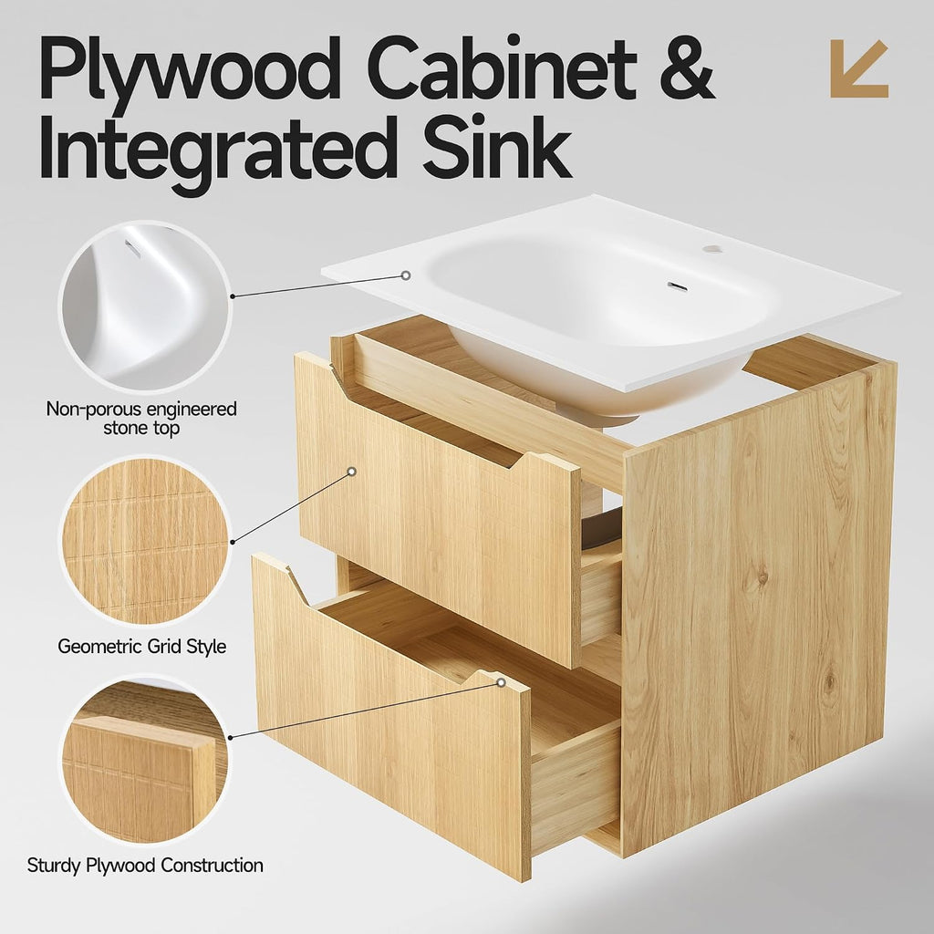 32' Japandi Floating Bathroom Vanity with Sink, Pre-Assembled Natural Oak Multi-Layer Solid Wood Bathroom Sink Vanity, Wall Mounted with Integrated Stone Top and 2 Soft Close Drawers