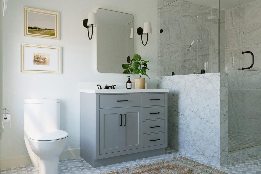 ARIEL 42-Inch Gray Single Bathroom Vanity with 1.5' Edge Pure White Quartz Countertop, Rectangular Undermount Sink, Solid Wood Frame, 2 Soft Closing Doors, 9 Dovetail Drawers, Toe Kick