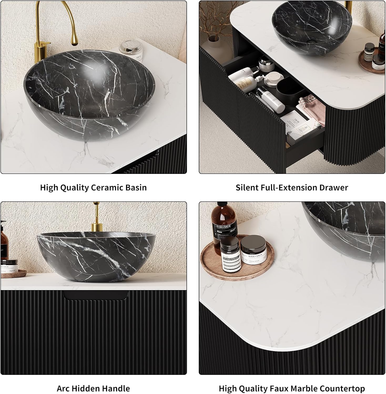 Yayzy 36' Floating Bathroom Vanity with Sink, Solid Wood Fluted Cabinet, White Marble-Patterned Ceramic Basin & Faux Marble Top, Soft-Close Drawer, Pre-Assembled, Gloss Black