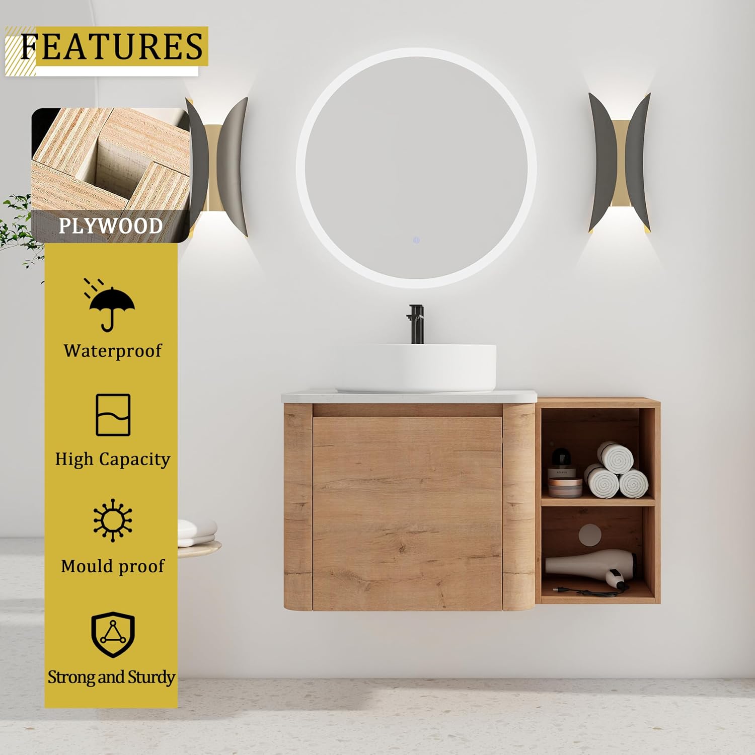 36 Inch Wall-Mounted Bathroom Vanity with Sink Combo Modern Floating Bathroom Vanitites with Round Ceramic Vessel Sink 36' Bathroom Sink Cabinet with Marble Counter Top & 1 Side Storage Shelf