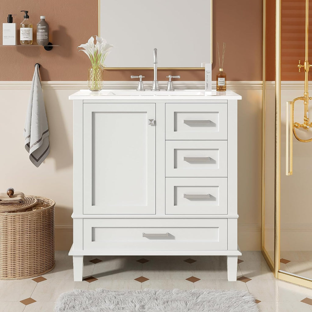 Mirightone 30' Bathroom Vanity with Sink, Bathroom Vanity with Sink 30 Inch, 30 in Vanity with Top for Bathroom, 30 Vanity and Sink Combo with 3 Drawers and 1 Soft Closing Door (White)