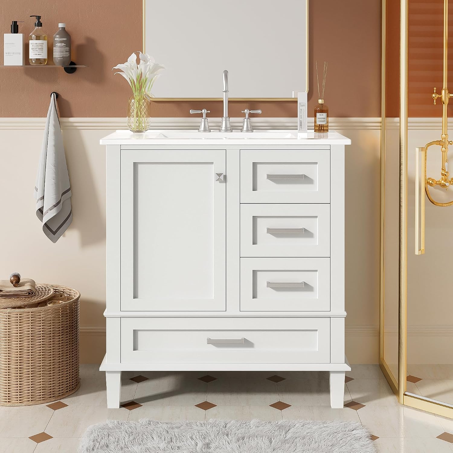 Mirightone 30' Bathroom Vanity with Sink, Bathroom Vanity with Sink 30 Inch, 30 in Vanity with Top for Bathroom, 30 Vanity and Sink Combo with 3 Drawers and 1 Soft Closing Door (White)