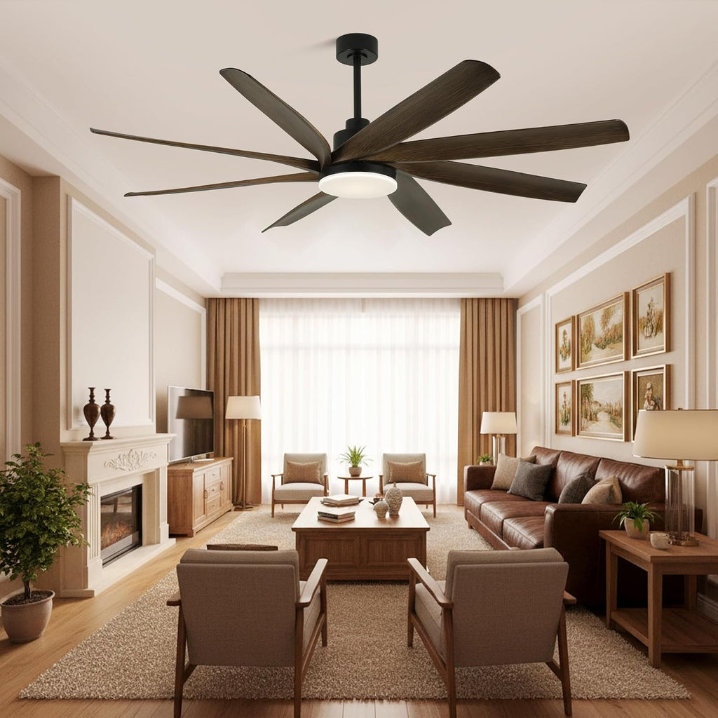 Dawn Whisper 72 Inch Ceiling Fans with Lights and Remote Black Large Modern LED Ceiling Fan for Living Room Bedroom 8 Blades 6 Speed Reversible DC Motor