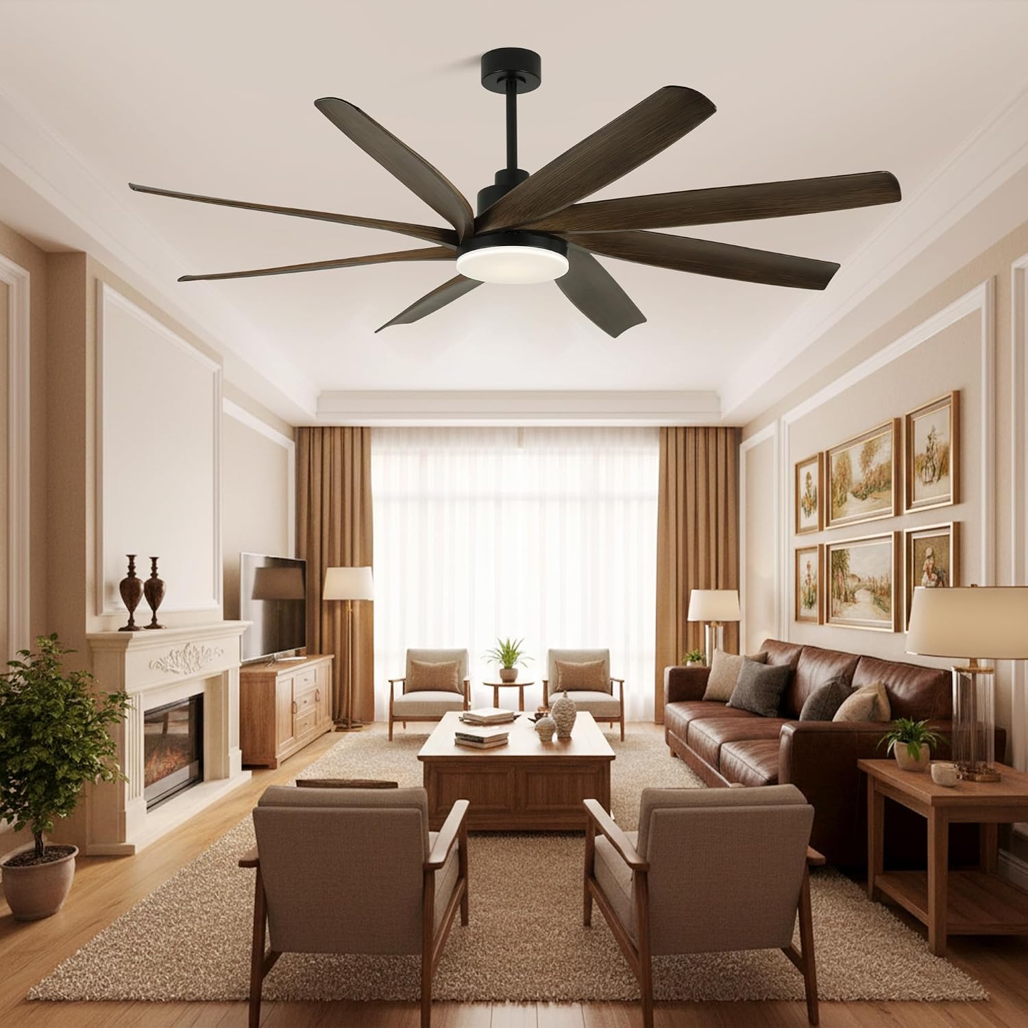 Dawn Whisper 72 Inch Ceiling Fans with Lights and Remote Black Large Modern LED Ceiling Fan for Living Room Bedroom 8 Blades 6 Speed Reversible DC Motor
