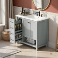 LUMISOL 36' Bathroom Vanity with Ceramic Sink, Modern Bathroom Vanities with 2 Drawers, Soft-Close Doors & Open Shelf, Solid Wood Bathroom Sink Cabinet with Offset Sink, Gray
