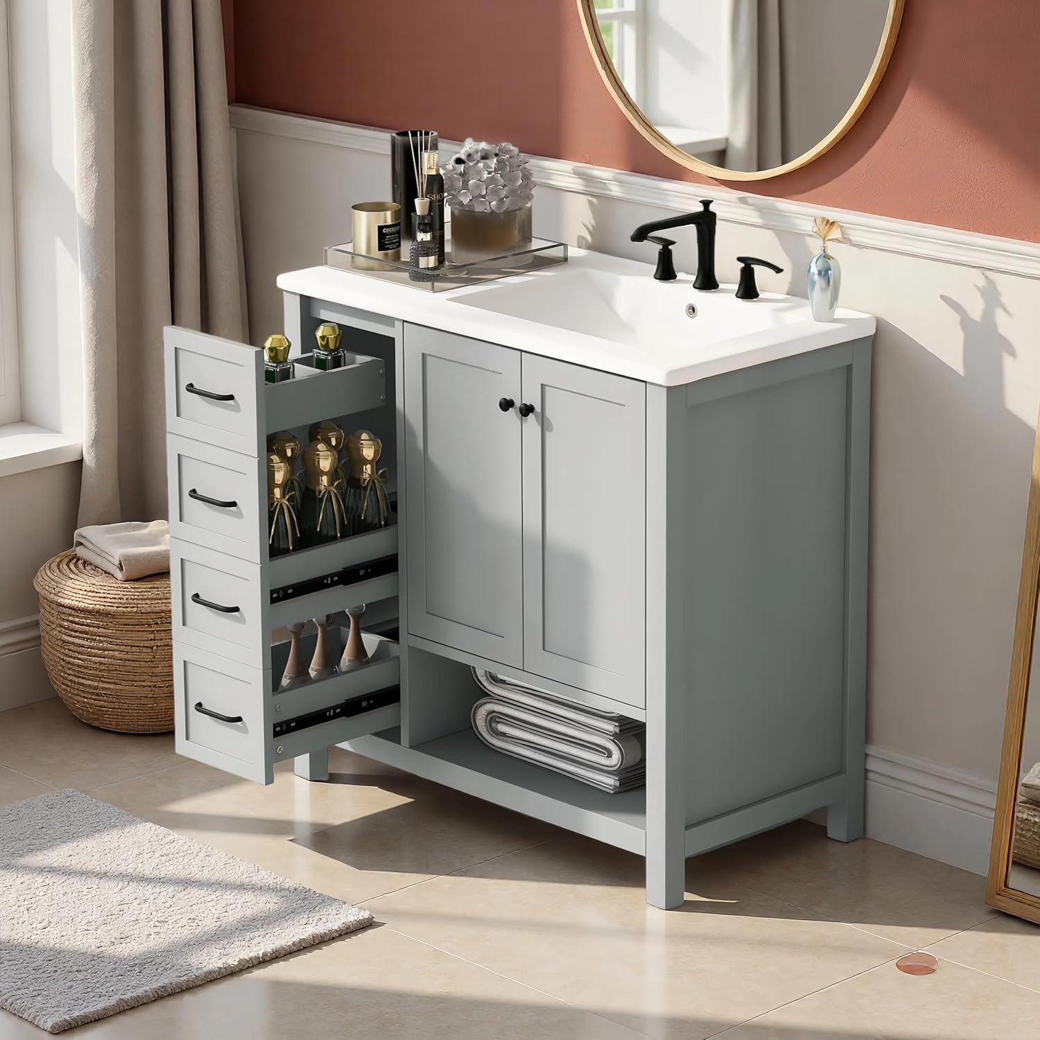 LUMISOL 36' Bathroom Vanity with Ceramic Sink, Modern Bathroom Vanities with 2 Drawers, Soft-Close Doors & Open Shelf, Solid Wood Bathroom Sink Cabinet with Offset Sink, Gray