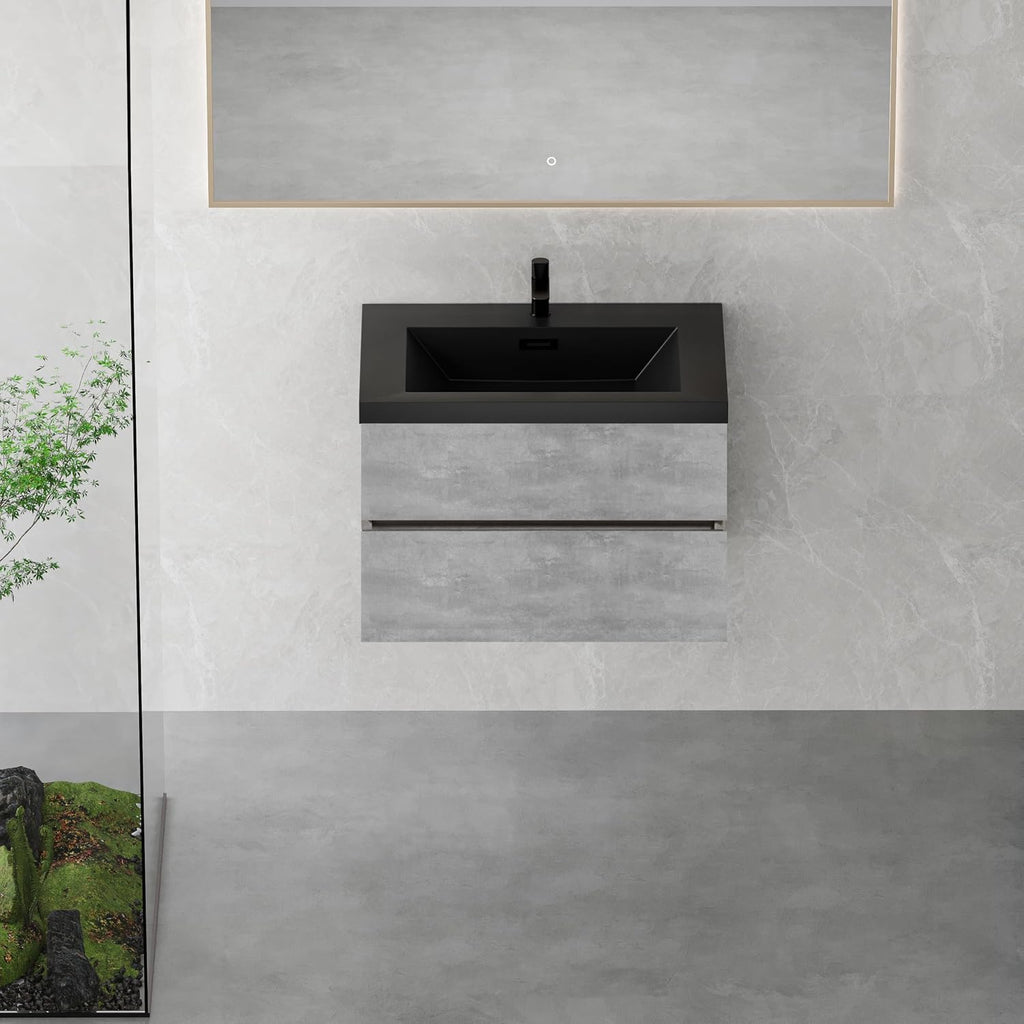 30' Floating Bathroom Vanity with Sink, Modern Wall-Mounted Bathroom Storage Vanity Cabinet with Black Quartz Sand Top Basin and Soft Close Drawers