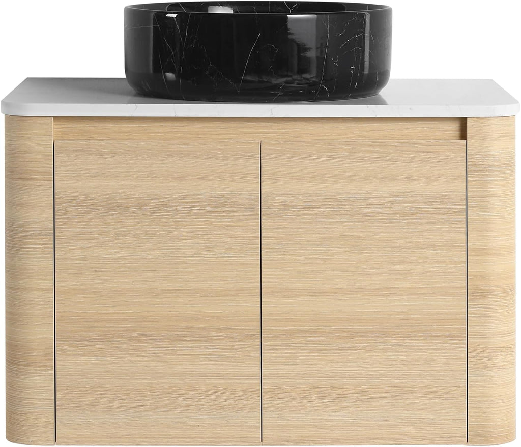 30 Inch Wall-Mounted Bathroom Vanity with Sink Combo Modern Floating Bathroom Vanitites with Round Ceramic Vessel Sink 30' Bathroom Sink Cabinet with Marble Counter Top & Soft Closing Door