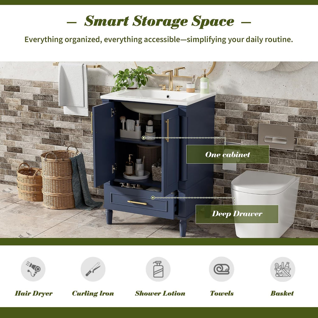 VilroCaz 24' Modern Bathroom Vanity with Ceramic Sink, Ornate Motif Design Doors & Soft-Close Hinges, Wood Bathroom Cabinet with Drawer, Ornately Carved French Cylinder Legs (Dark Blue-4.23)