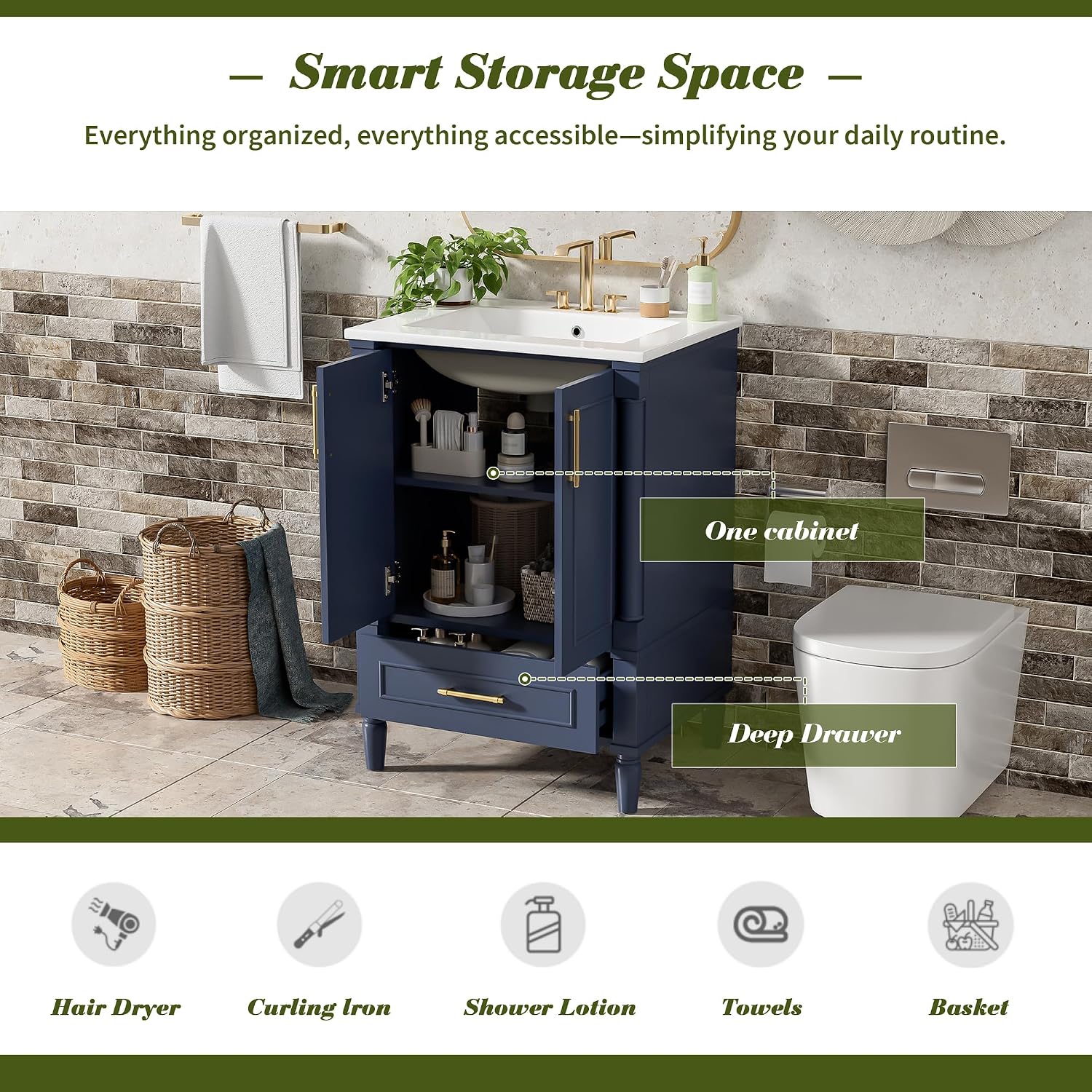 VilroCaz 24' Modern Bathroom Vanity with Ceramic Sink, Ornate Motif Design Doors & Soft-Close Hinges, Wood Bathroom Cabinet with Drawer, Ornately Carved French Cylinder Legs (Dark Blue-4.23)