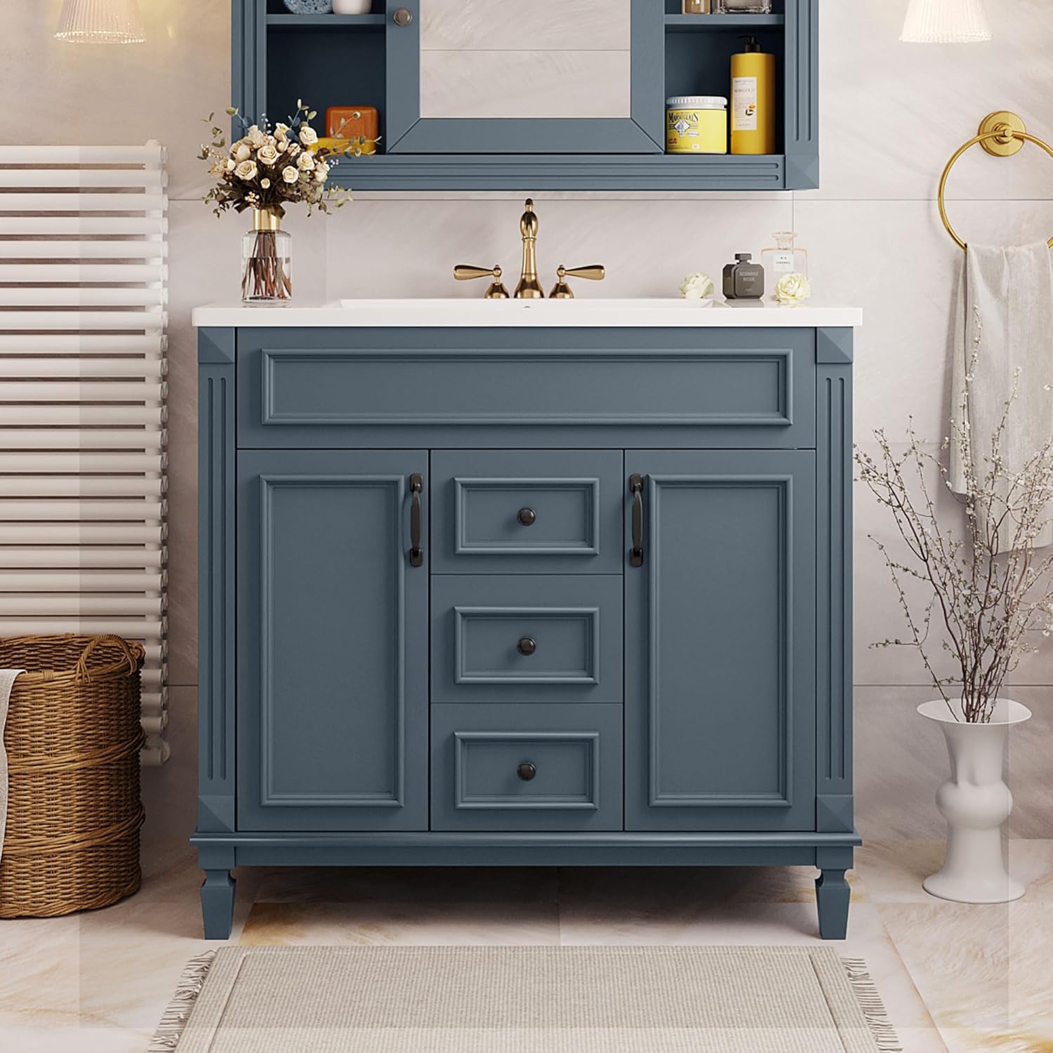 Linique 36' Bathroom Vanity with Top Sink,Bathroom Storage Cabinet with 2 Soft Closing Doors and 2 Storage Drawers,Modern Single Sink Bathroom Vanity(Blue)