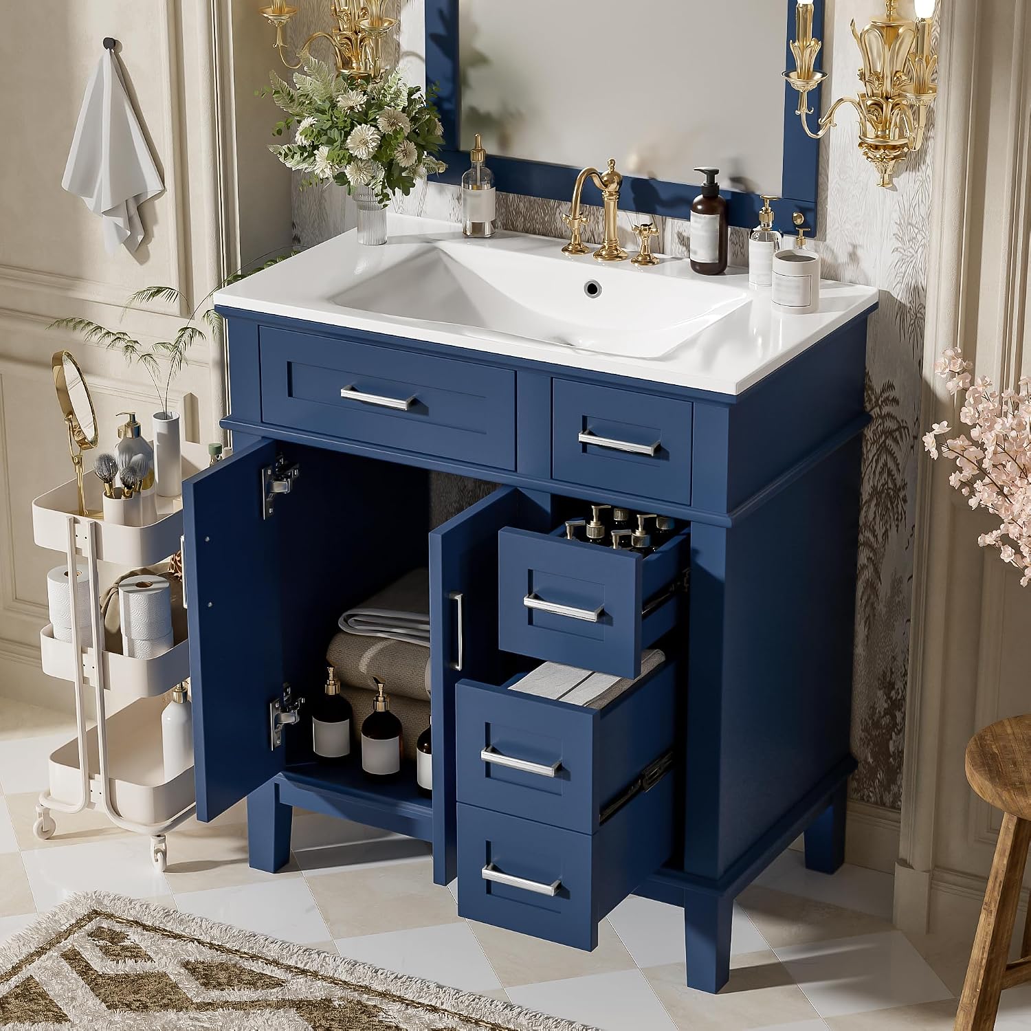 Harper & Bright Designs 30' Bathroom Vanity with Sink, Free Standing Single Basin Vanity Set with 2 Drawers, and Soft-Close Doors, Wood Bathroom Cabinet with Ceramic Basin for Bathroom, Blue