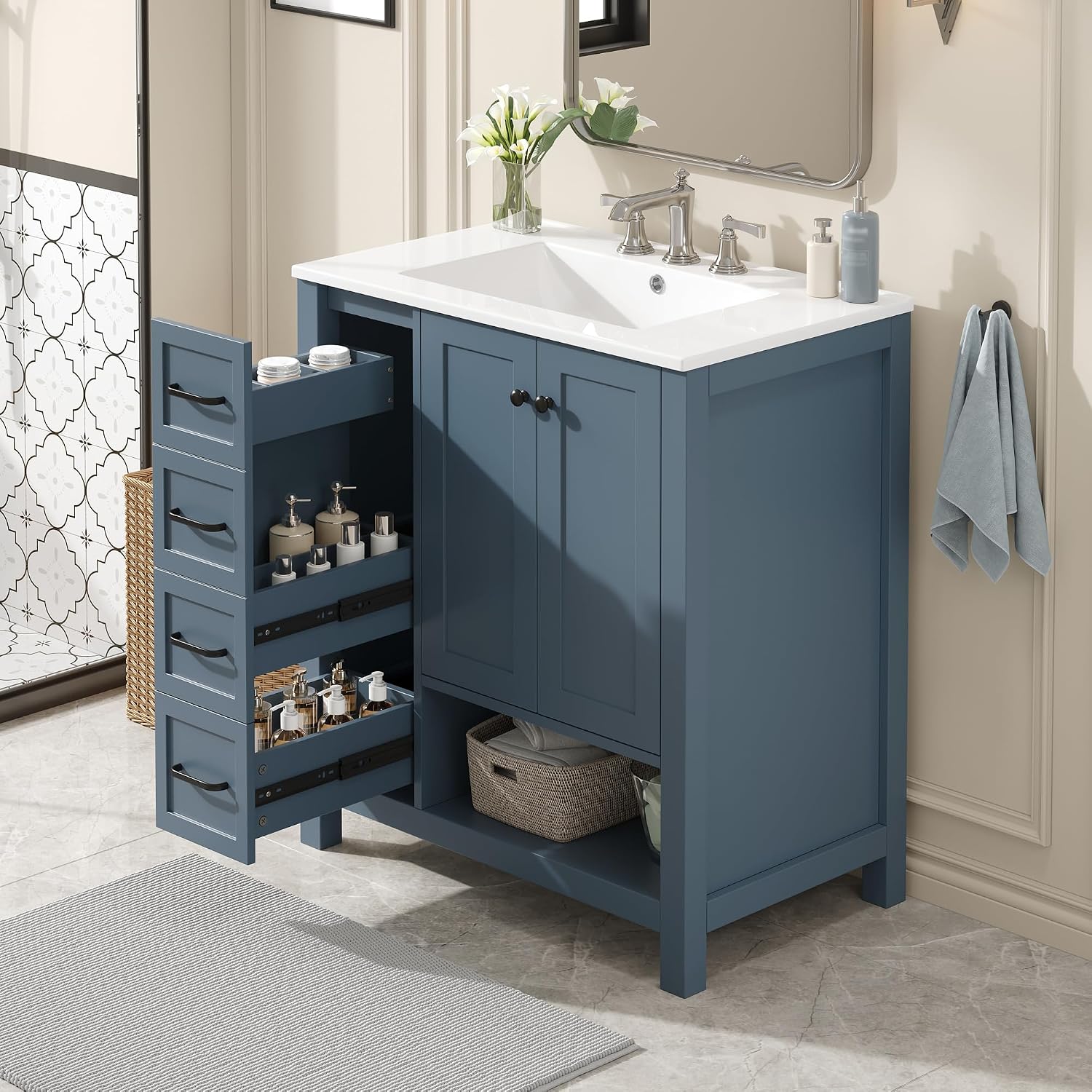 LUMISOL 30 Inch Bathroom Vanity with Ceramic Sink, Solid Wood Bathroom Vanity with 2 Drawers, Soft-Close Doors & Open Shelf, Freestanding Bathroom Storage Cabinet with Sink, Blue