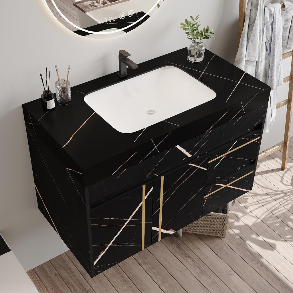 36' Bathroom Vanity with Sink Set, Modern Black Wall Mounted Bathroom Vanity Cabinet with Faux Marble Countertop,Gold Handle 2 Drawers & 1 Cabinet, Single Sink Floating Bathroom Vanity