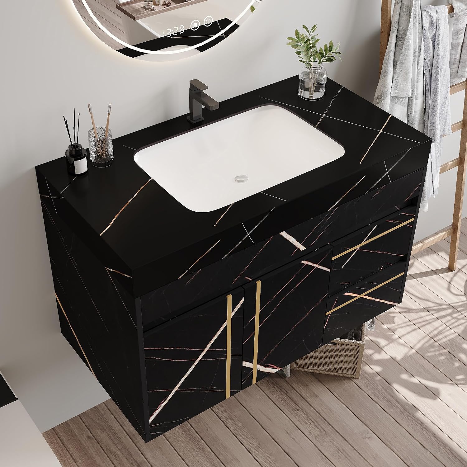36' Bathroom Vanity with Sink Set, Modern Black Wall Mounted Bathroom Vanity Cabinet with Faux Marble Countertop,Gold Handle 2 Drawers & 1 Cabinet, Single Sink Floating Bathroom Vanity