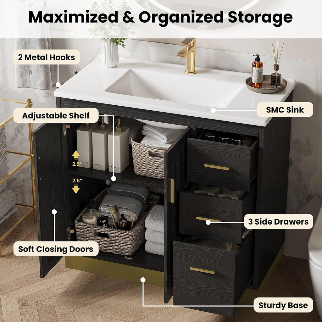 ANCTOR 36 inch Bathroom Vanity with Sink, Modern Black Bathroom Sink with Upgraded All-in-One SMC Sink, Adjustable Shelves, 2 Metal Hooks, Soft Closing Doors, 3 Drawers & Gold Handles