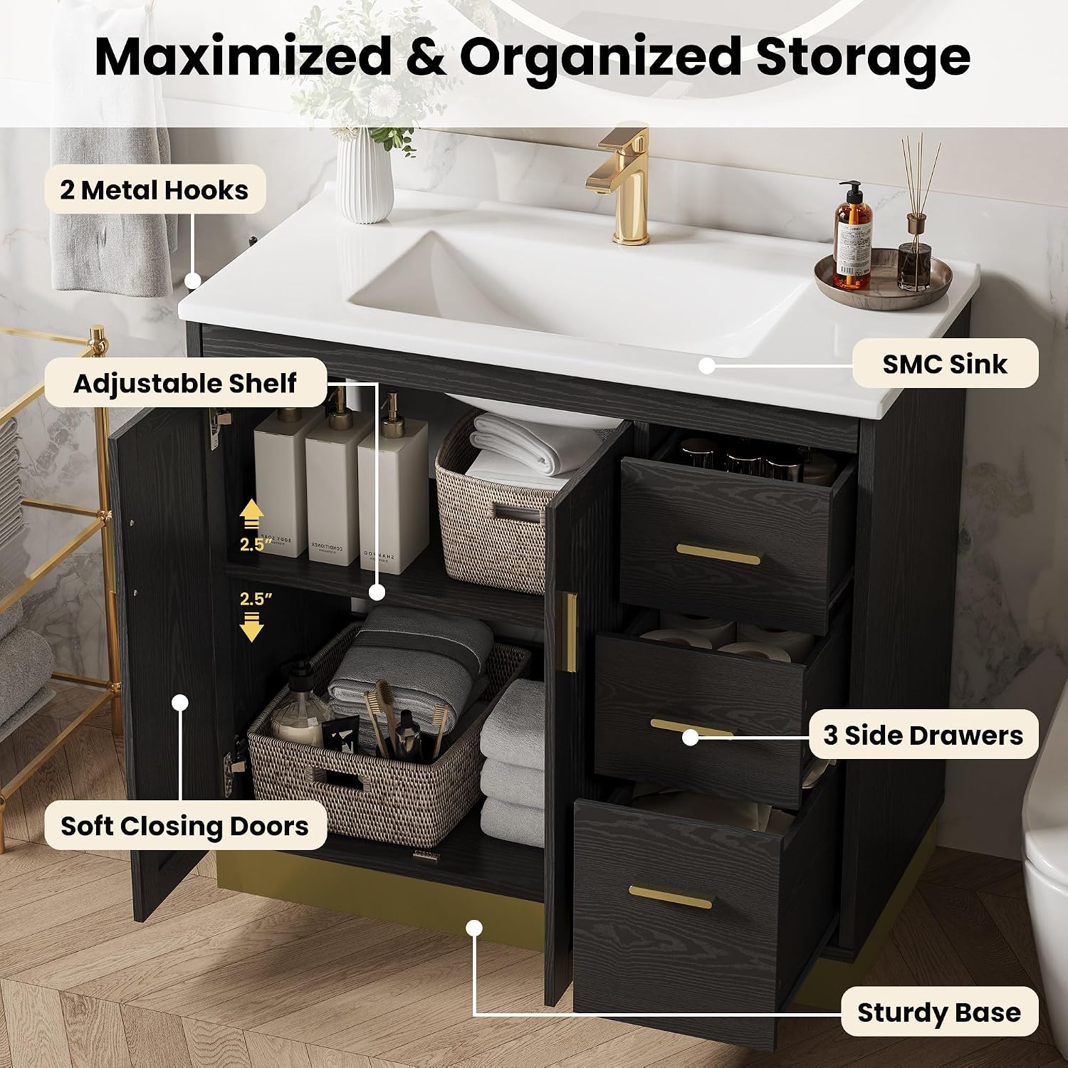 ANCTOR 36 inch Bathroom Vanity with Sink, Modern Black Bathroom Sink with Upgraded All-in-One SMC Sink, Adjustable Shelves, 2 Metal Hooks, Soft Closing Doors, 3 Drawers & Gold Handles