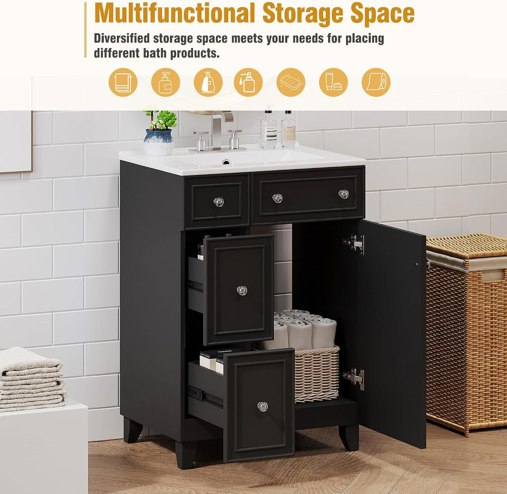 24-inch Bathroom Vanity with Sink Combo Set, Free-Standing Single Storage Cabinet with 2 Drawers and Single Door, Vanity with Ceramic Basin for Bathroom (Black)