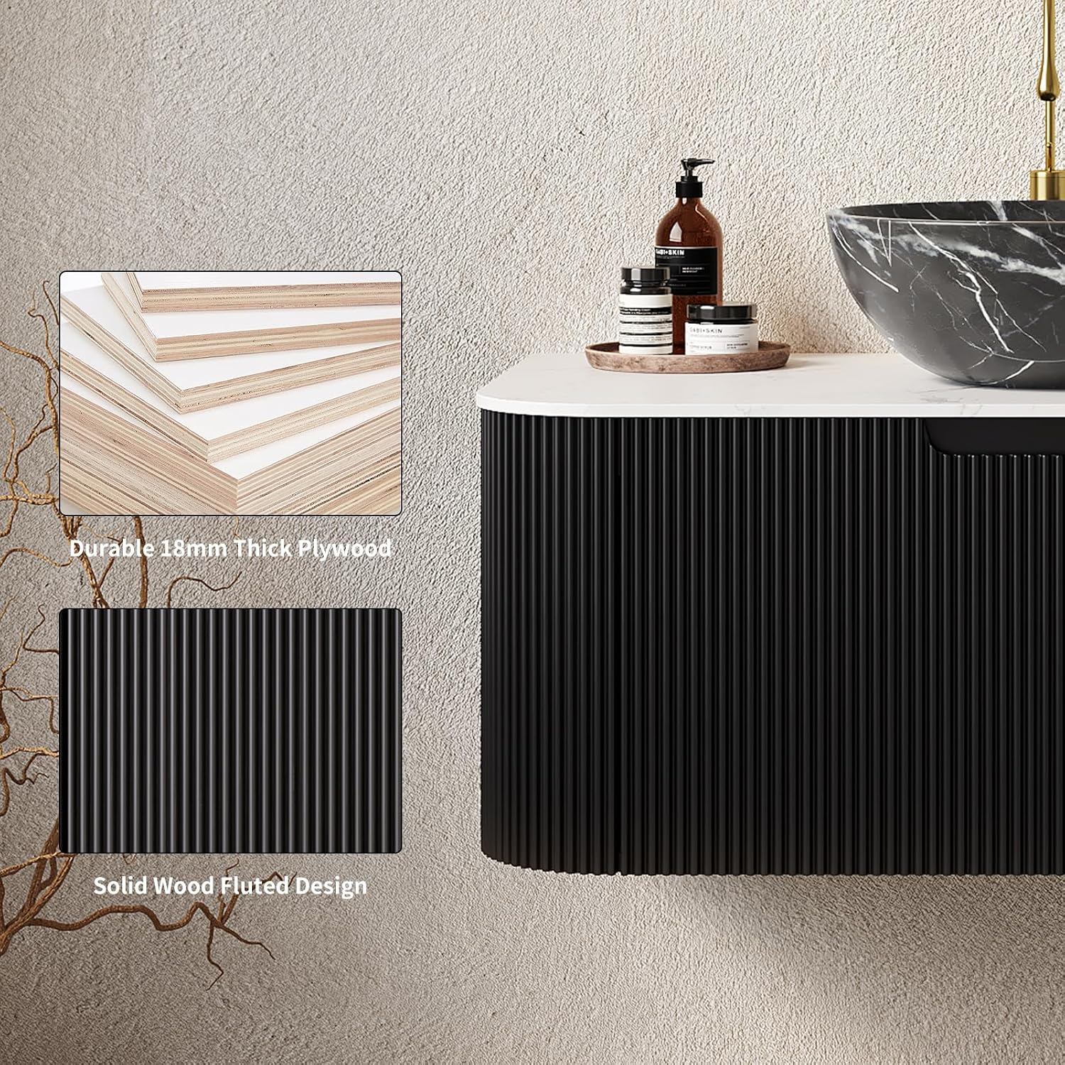 Yayzy 24' Floating Bathroom Vanity with Sink, Solid Wood Fluted Cabinet, White Marble-Patterned Ceramic Basin & Faux Marble Top, Soft-Close Drawer, Pre-Assembled, Gloss Black