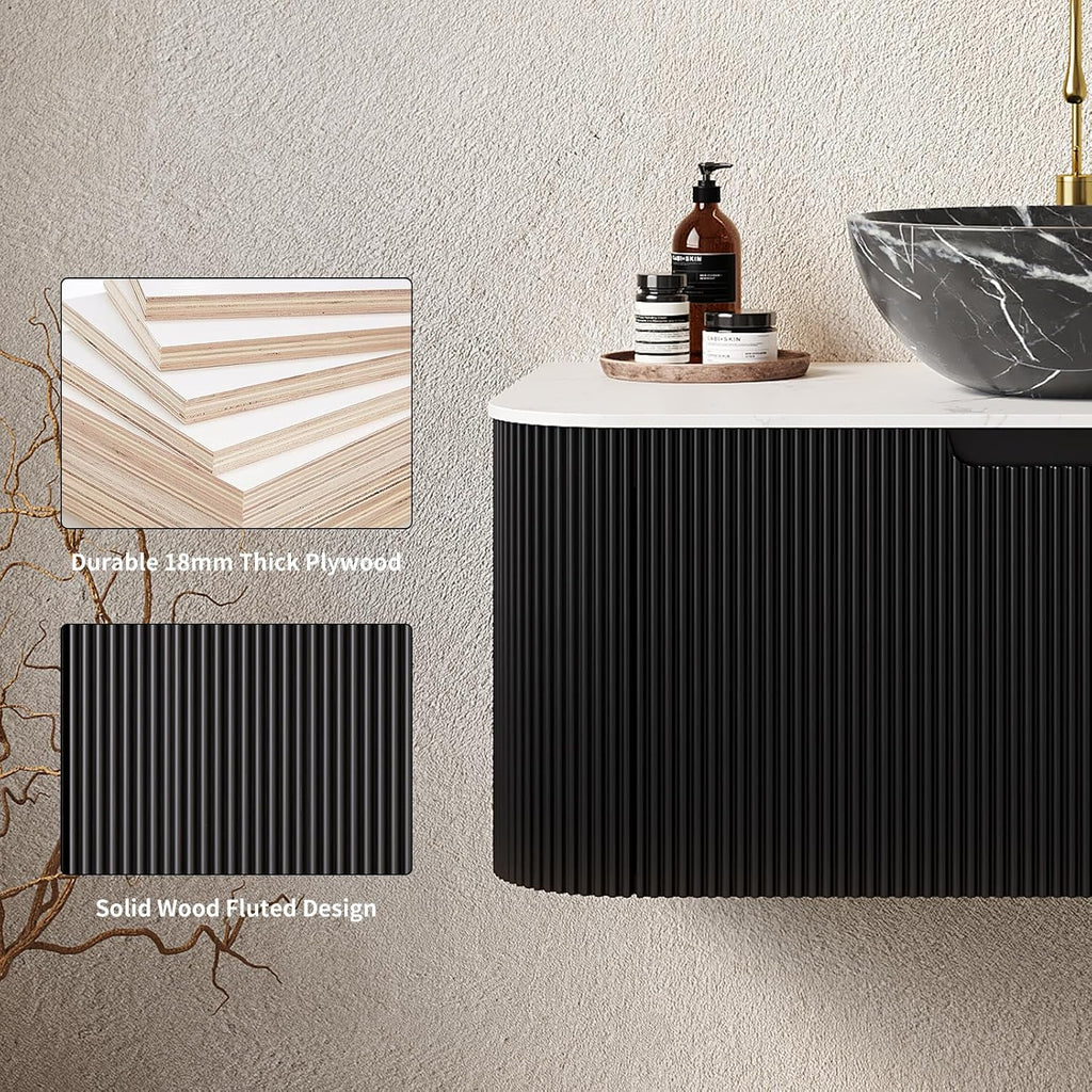 Yayzy 30' Floating Bathroom Vanity with Sink, Solid Wood Fluted Cabinet, White Marble-Patterned Ceramic Basin & Faux Marble Top, Soft-Close Drawer, Pre-Assembled, Gloss Black