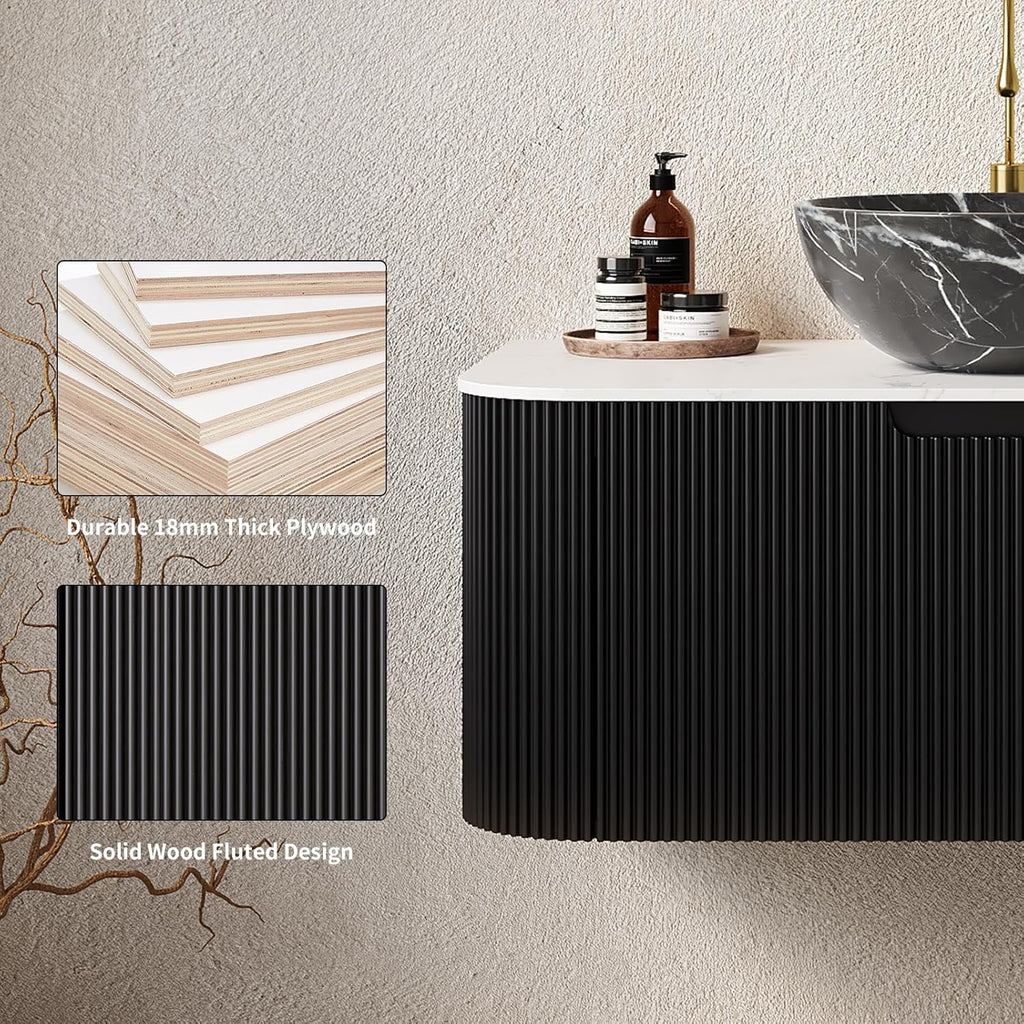 Yayzy 36' Floating Bathroom Vanity with Sink, Solid Wood Fluted Cabinet, White Marble-Patterned Ceramic Basin & Faux Marble Top, Soft-Close Drawer, Pre-Assembled, Gloss Black